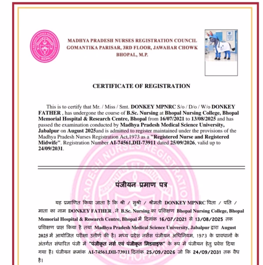 मध्यप्रदेश में गधे के नाम पर बना नर्सिंग सर्टिफिकेट, MPNRC की ऑनलाइन व्यवस्था पर उठे सवाल