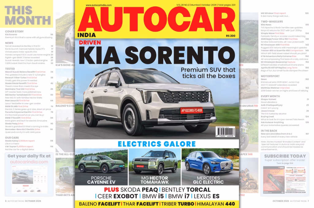 Autocar India October 2026: Kia Sorento, Porsche Cayenne Electric, and more